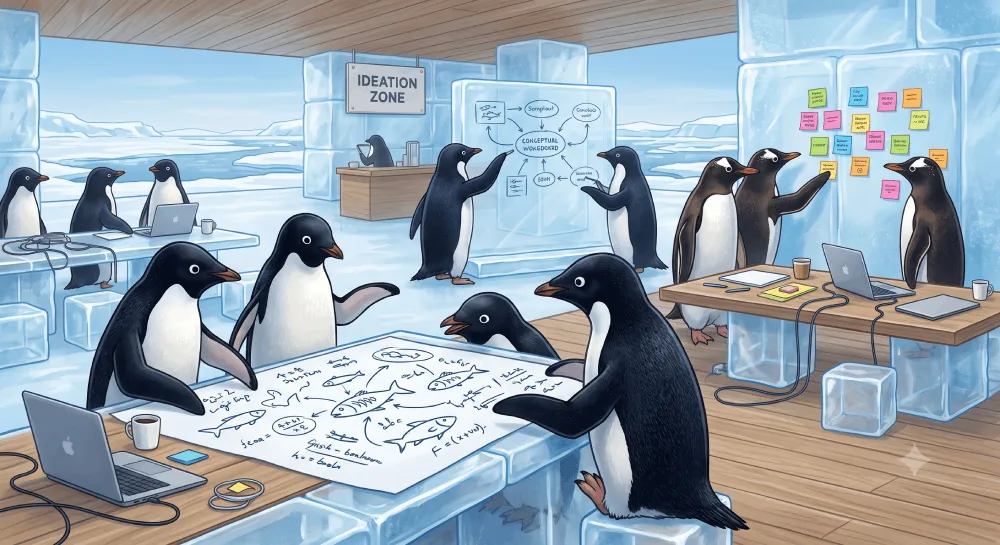 Penguins presenting innovations at a conference