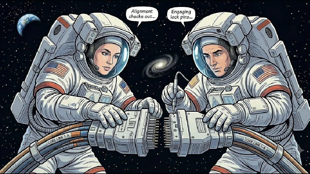 Astronauts connecting 2 data cables in space